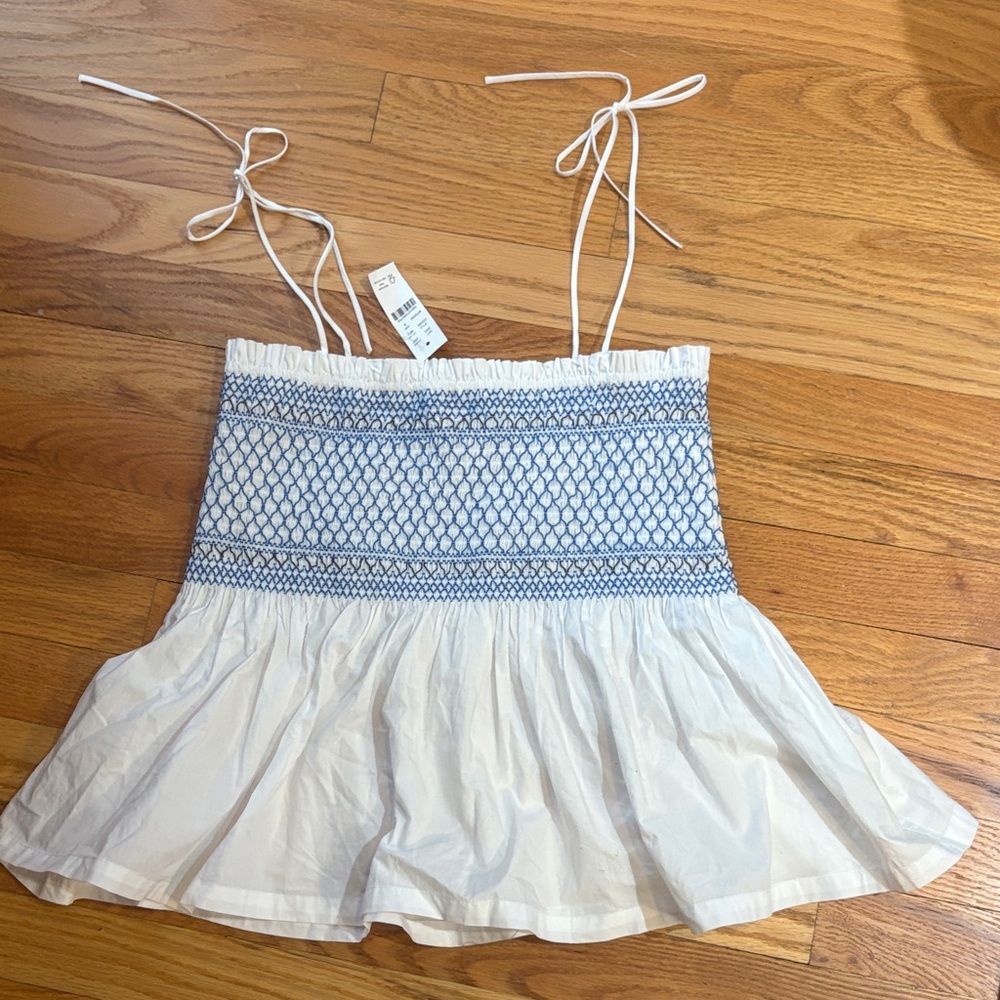 J Crew NWT White and Blue Smocked Top size small